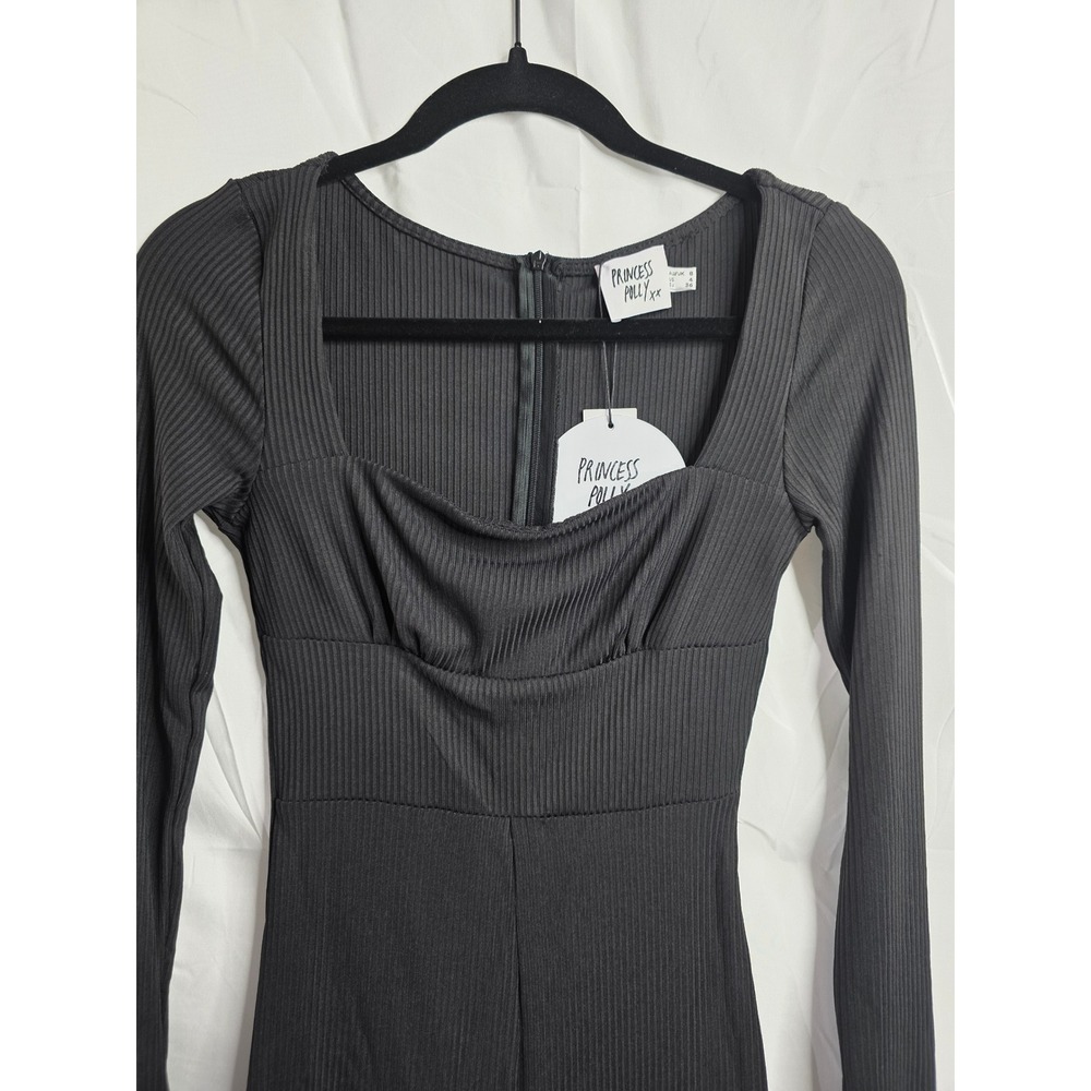 Princess Polly Black Ribbed Long Sleeve Romper Square Neck Cowl Bust Size 4 NWT - Picture 2 of 9